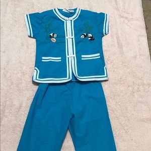 NWOT Buttercup Oriental Embroidered Panda/Palms Blue/White Set 2 Pc Unis…